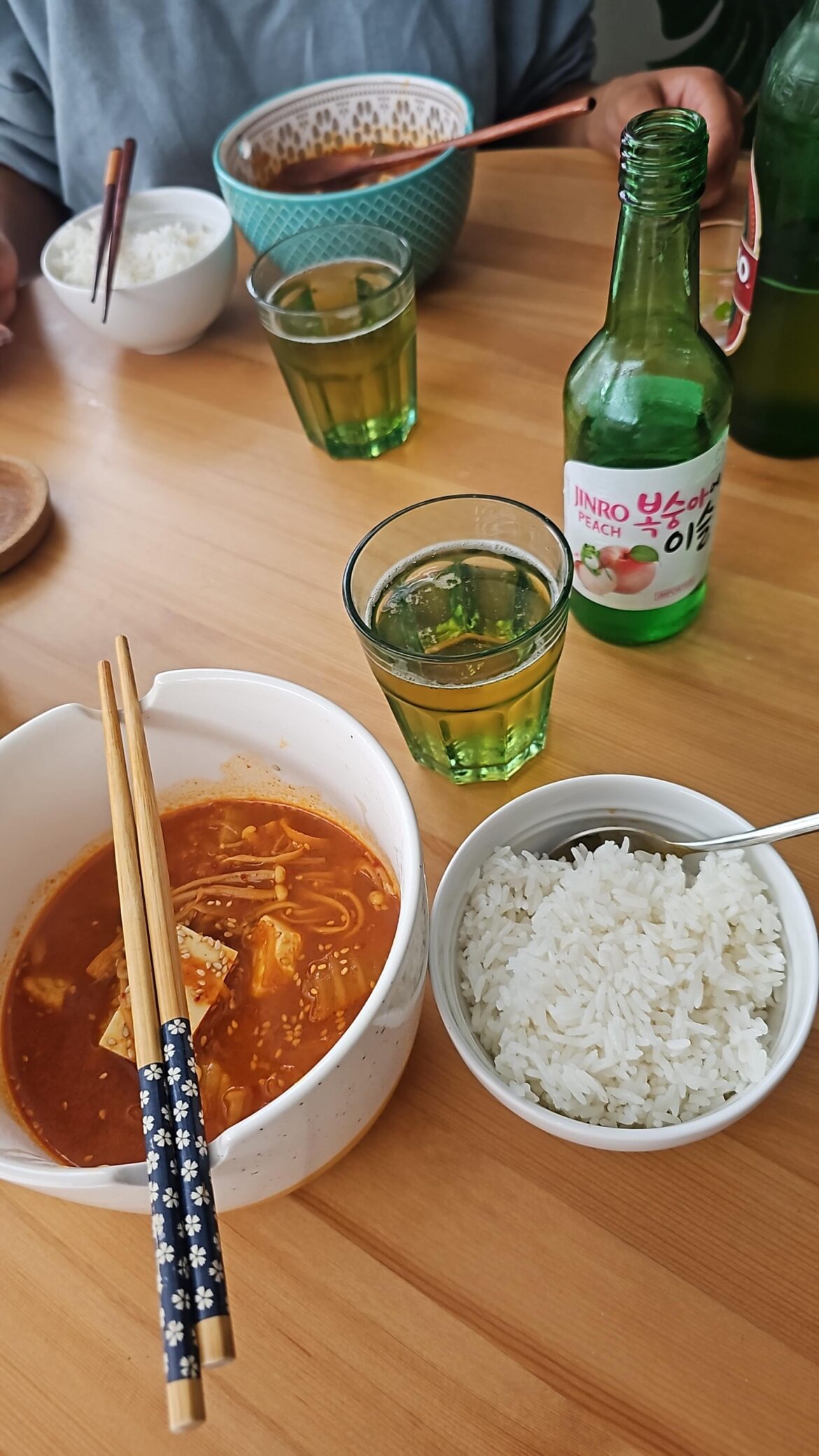 Homemade Kimchi-jjigae (made from homemade kimchi) with Somaek