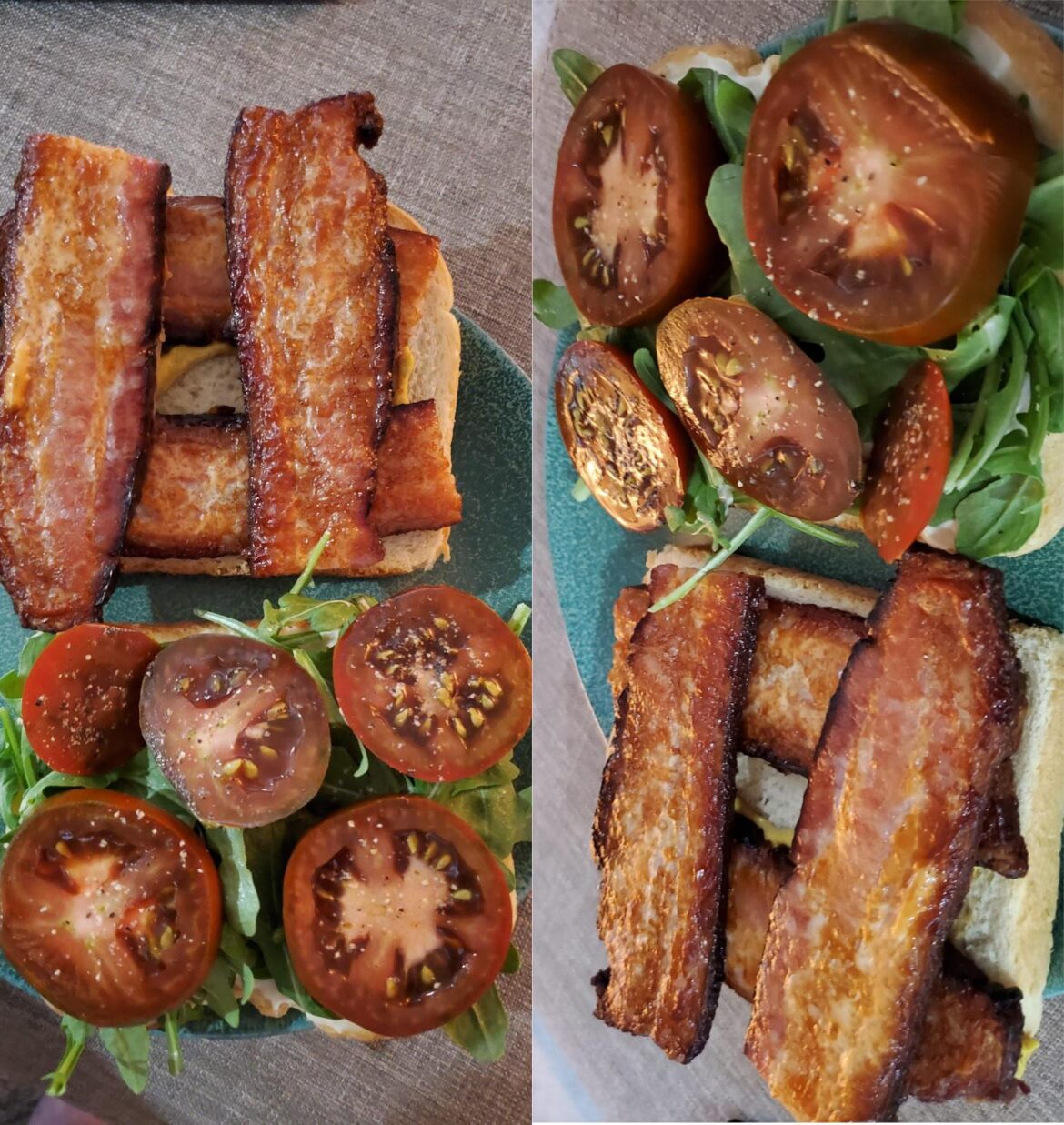 BLT with THICK bacon, arugula, and Kumato tomatoes.