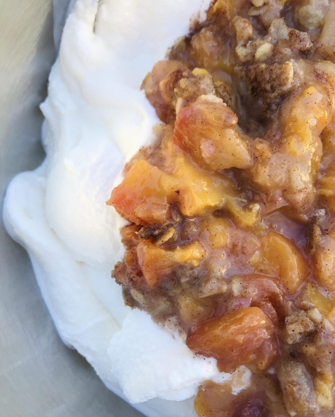 Homemade Peach Crisp Ice Cream. Buttermilk base with swirls of homemade peach crisp. Will post recipe tomorrow!