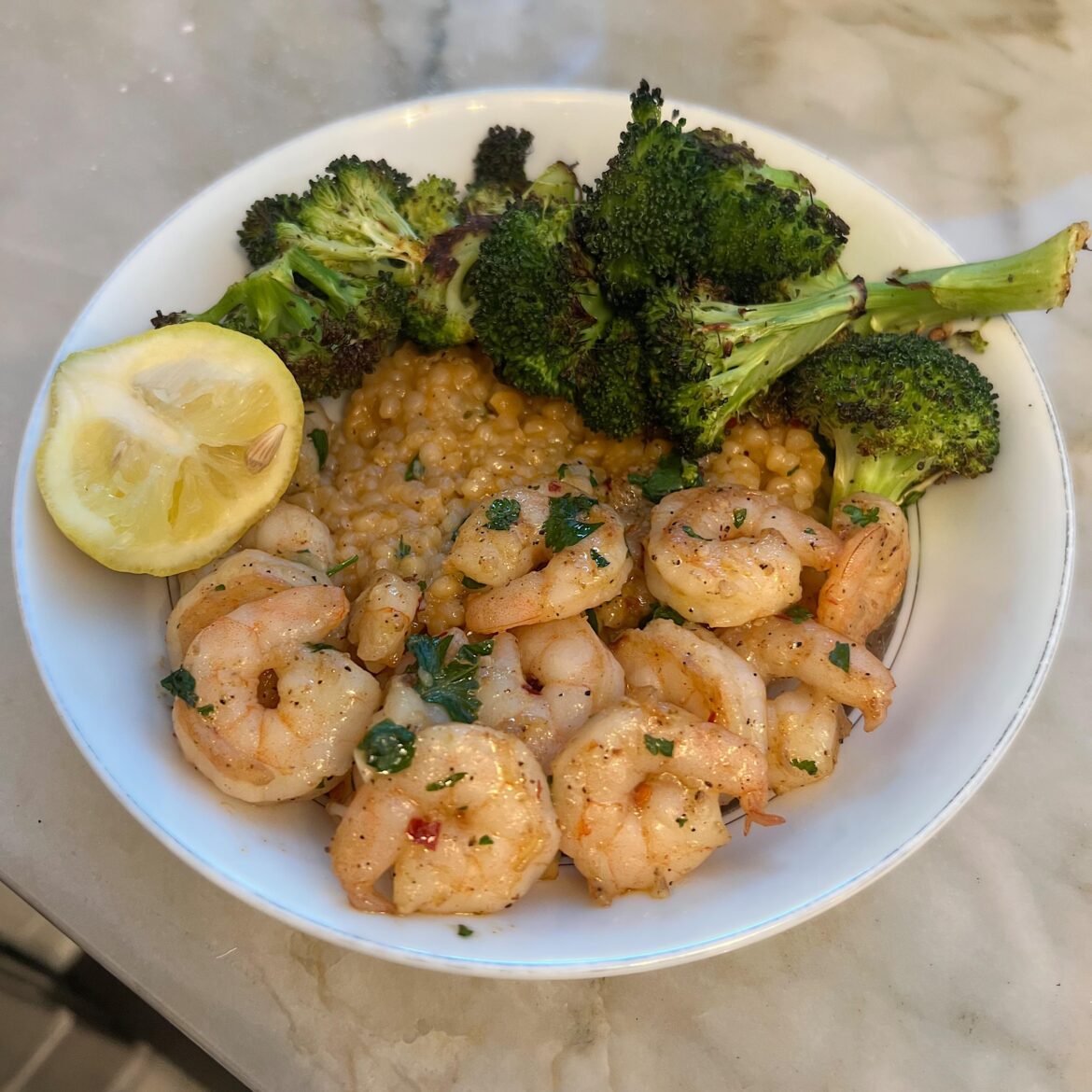 Garlicky Shrimp Couscous Bowls with Chili-Roasted Broccoli & Fresh Parsley