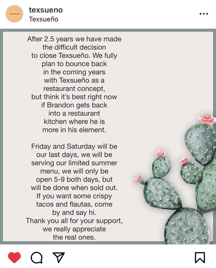 Texsueno is closing. Last day today