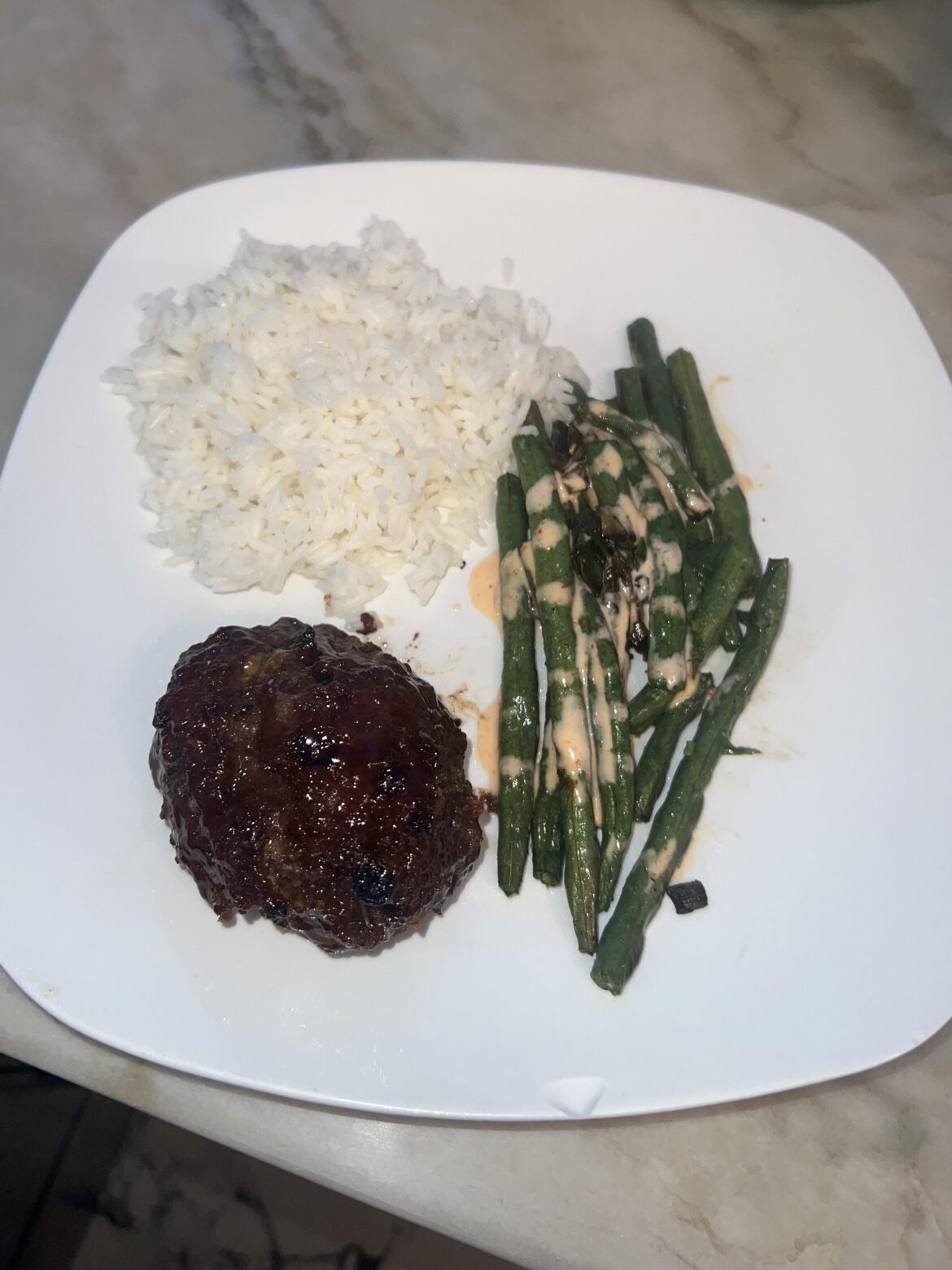 Hoisin Meatloaf with Sweet Soy Glaze, Scallion Green Beans, Rice & Sriracha Mayo