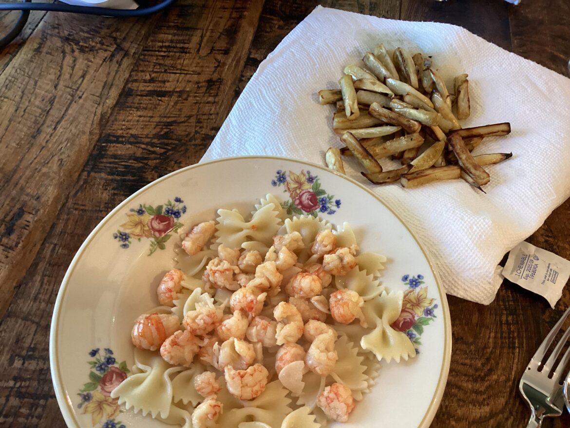 Garlic buttered langostinos and air fried African eggplant