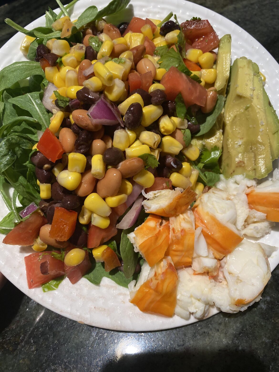 Dinner: bean and corn salad, fresh caught lobster, and half an avocado Dinner: bean and corn salad, fresh caught lobster, and half an avocado