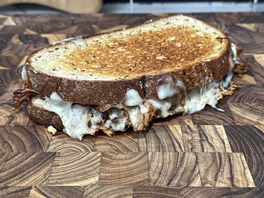 pulled pork and havarti on rye (cherry brandy bbq sauce)