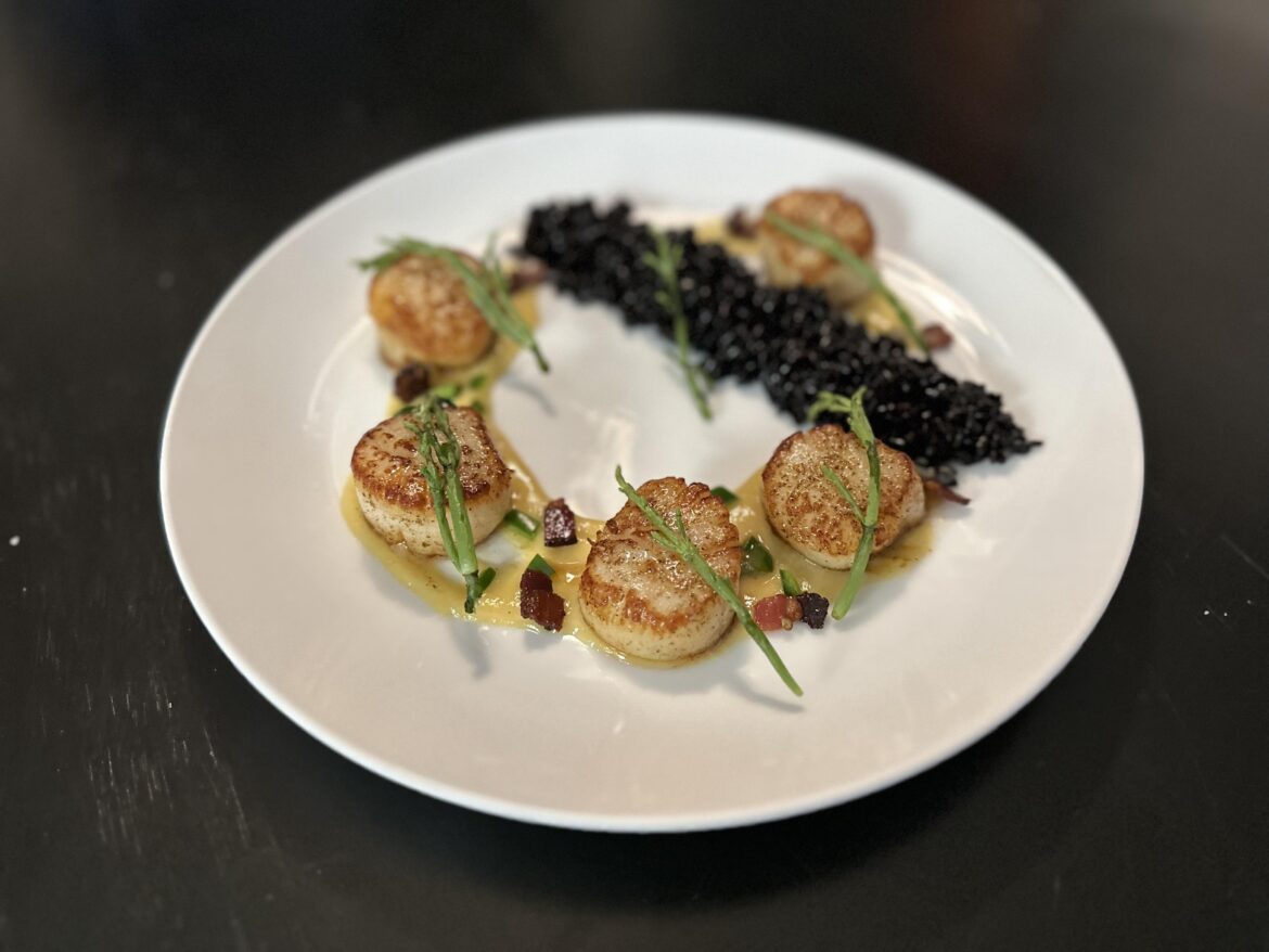 Seared Scallops with Sweet Corn Purée, Bacon, Jalepeño, and Sea Beans, and Forbidden Rice
