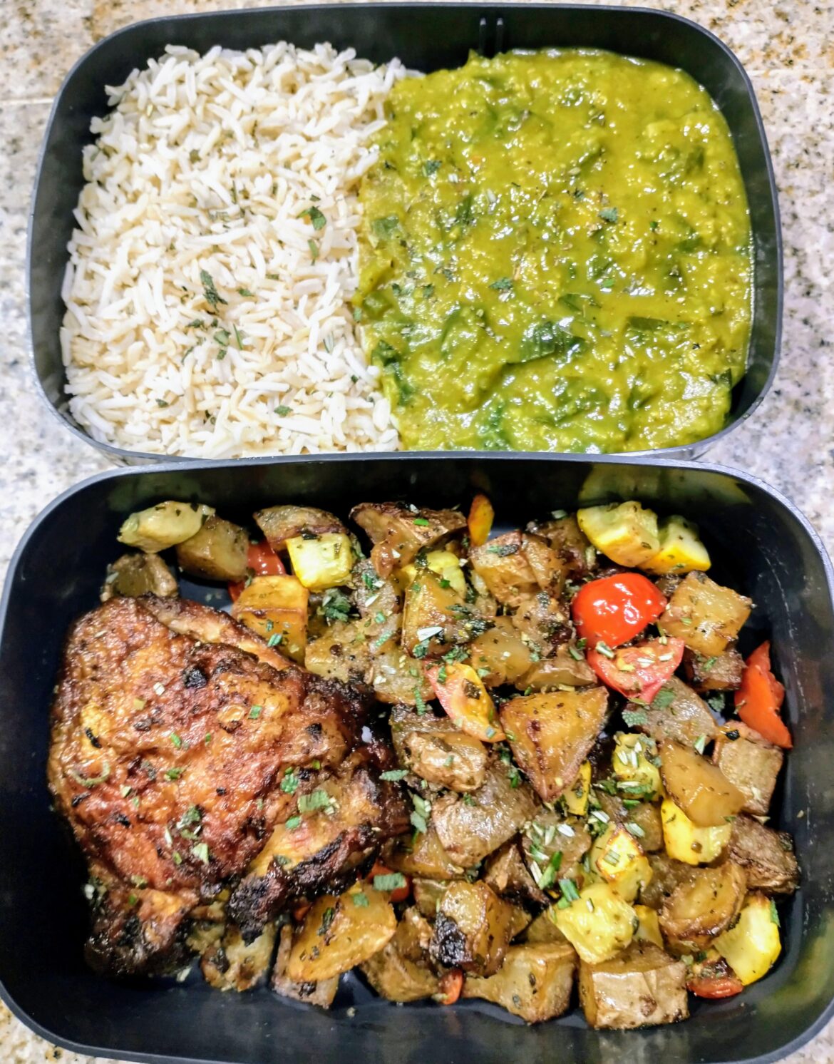 Homemade Bento style meals for lunch - Roasted Chicken and Roasted Vegetables (Potatoes, Yellow Squash, and Tomatoes). Masoor Dal with Spinach and Brown Rice.