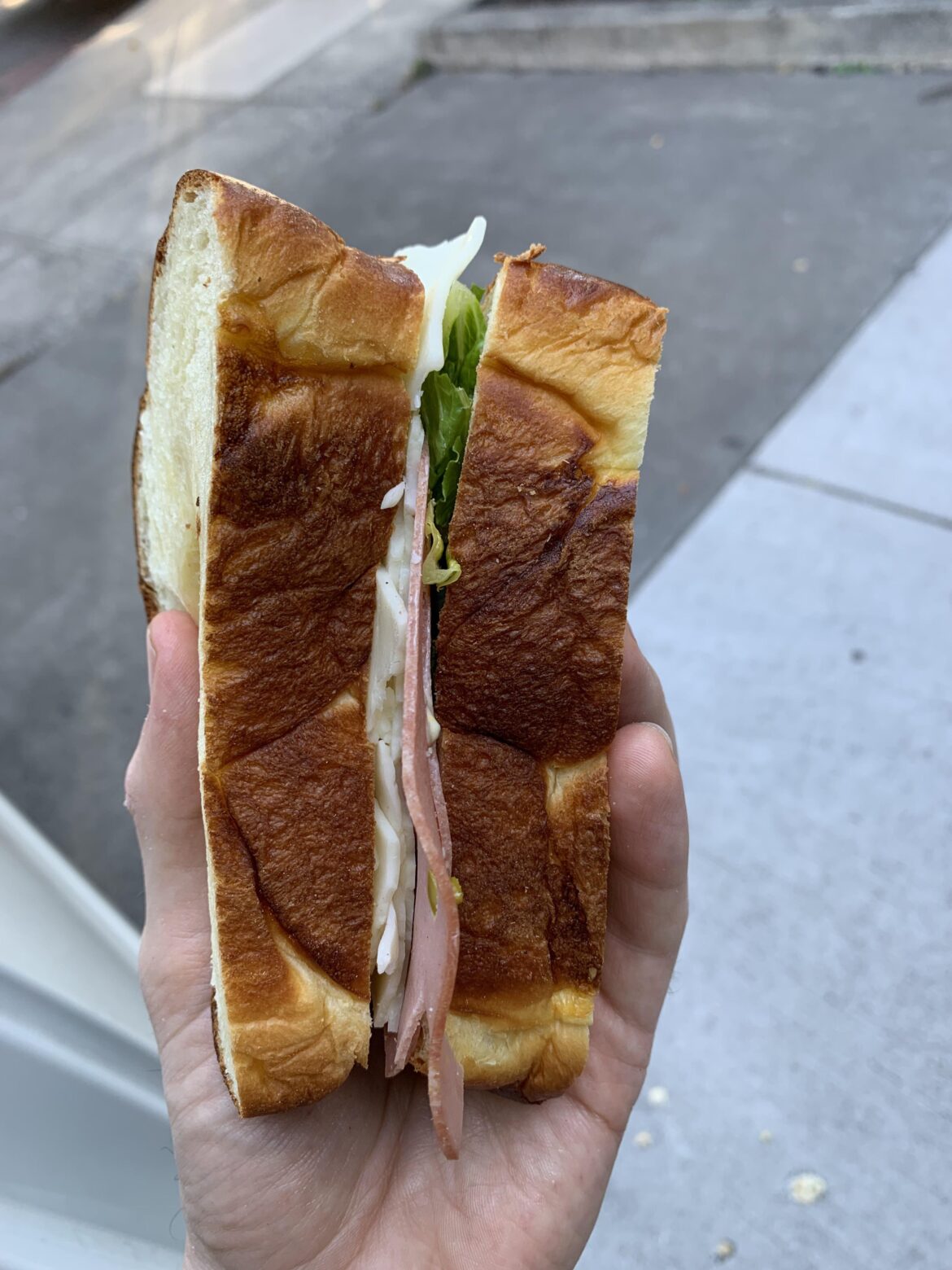 Different angle of the mortadella, asiago on challah from earlier