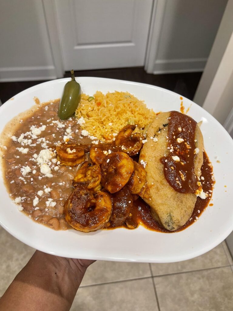 [Homemade] Shrimp Diablo, pinto beans, Mexican rice and egg battered Oaxaca stuffed deep fried poblano peppers (Chili relleno)