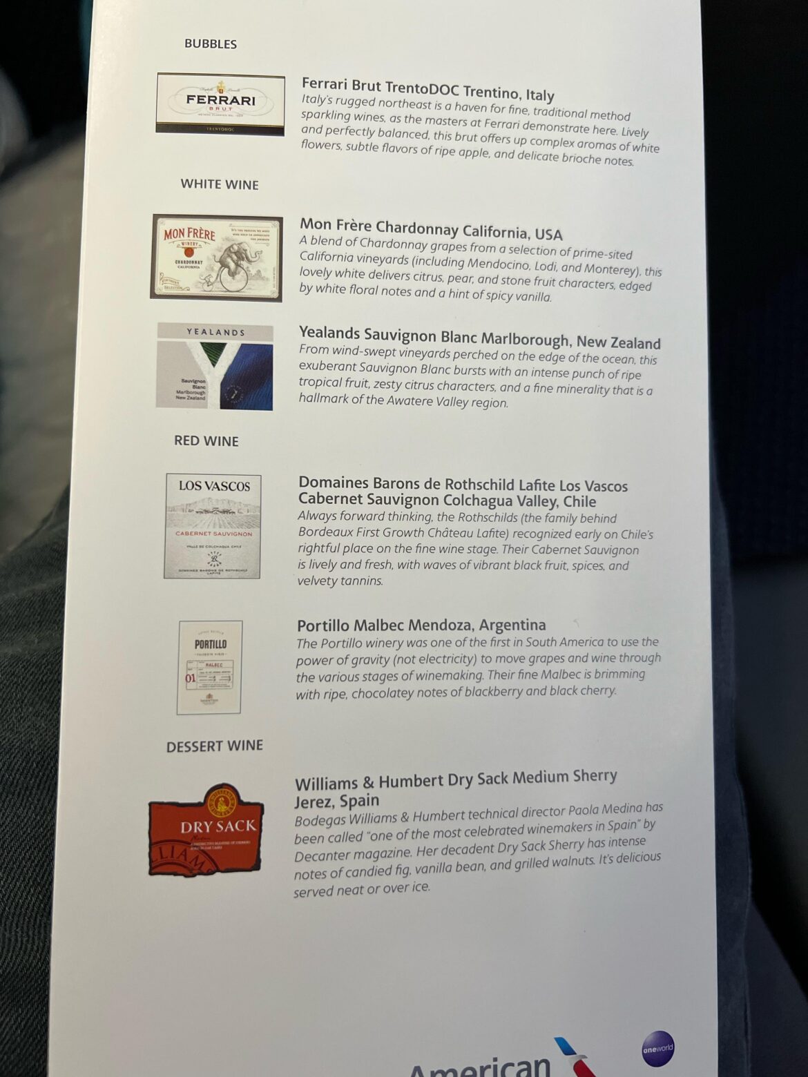 American Airlines - Int’l Business Class wine list