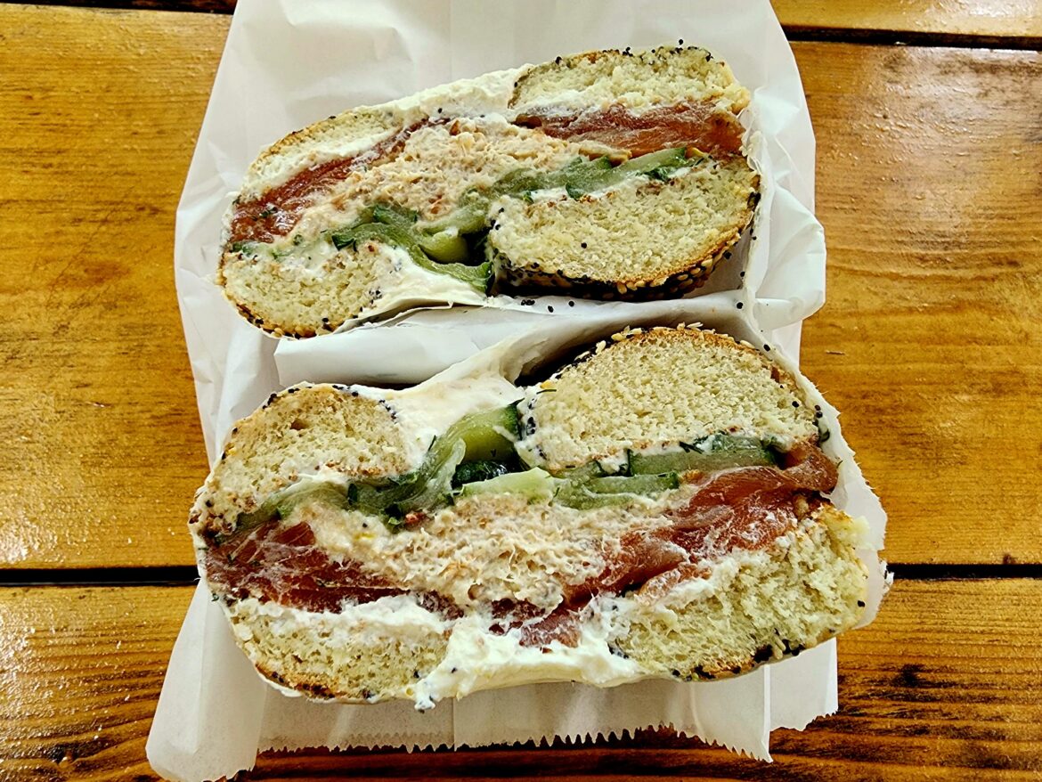 Chub chub-smoked whitefish salad, gravlax, horseradish cream cheese, & dill cucumbers on an everything bagel from Schmaltz Appetizing, Toronto.