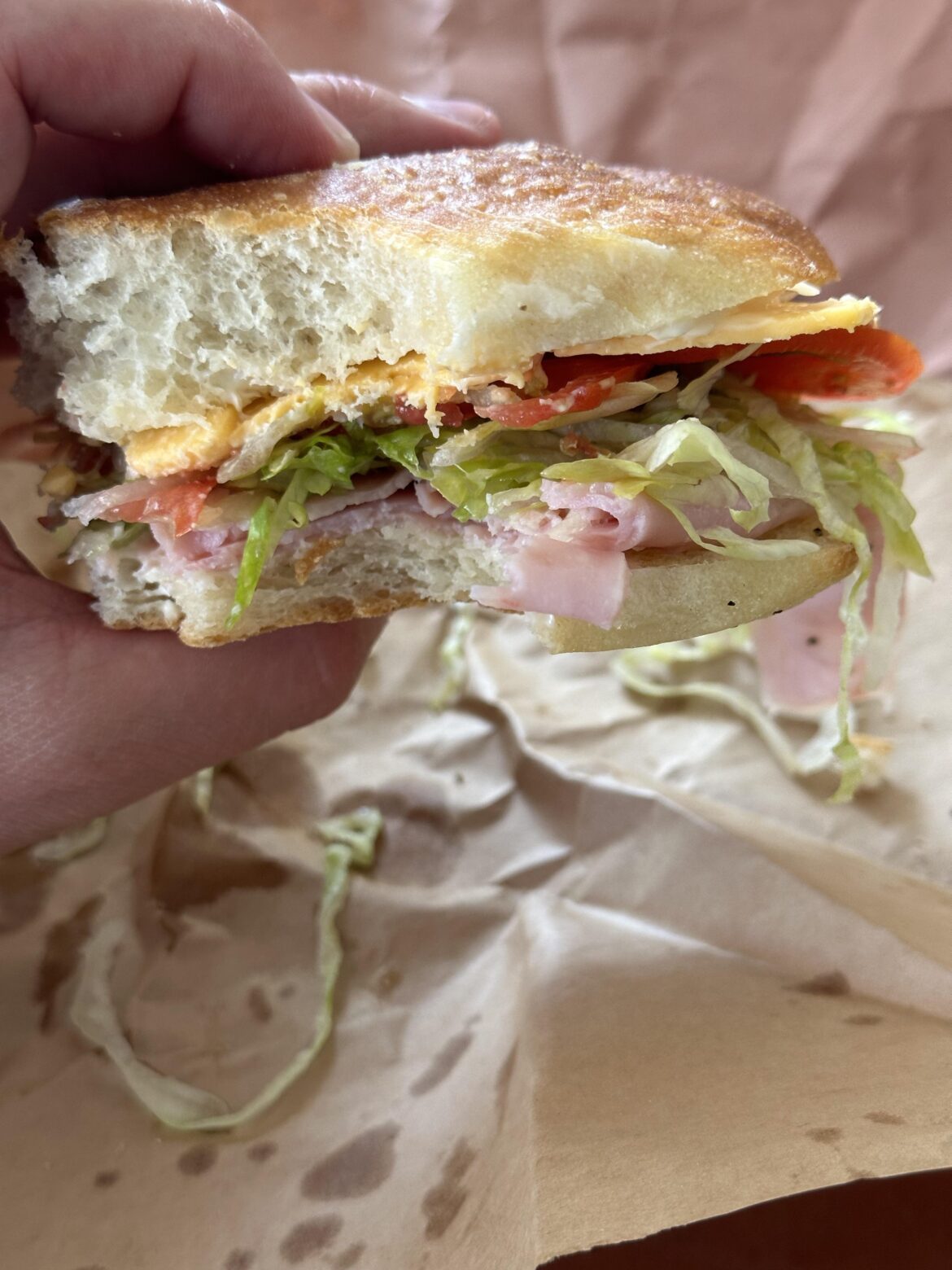 Ham, American Cheese, Lettuce Tomato Onion Mayo.