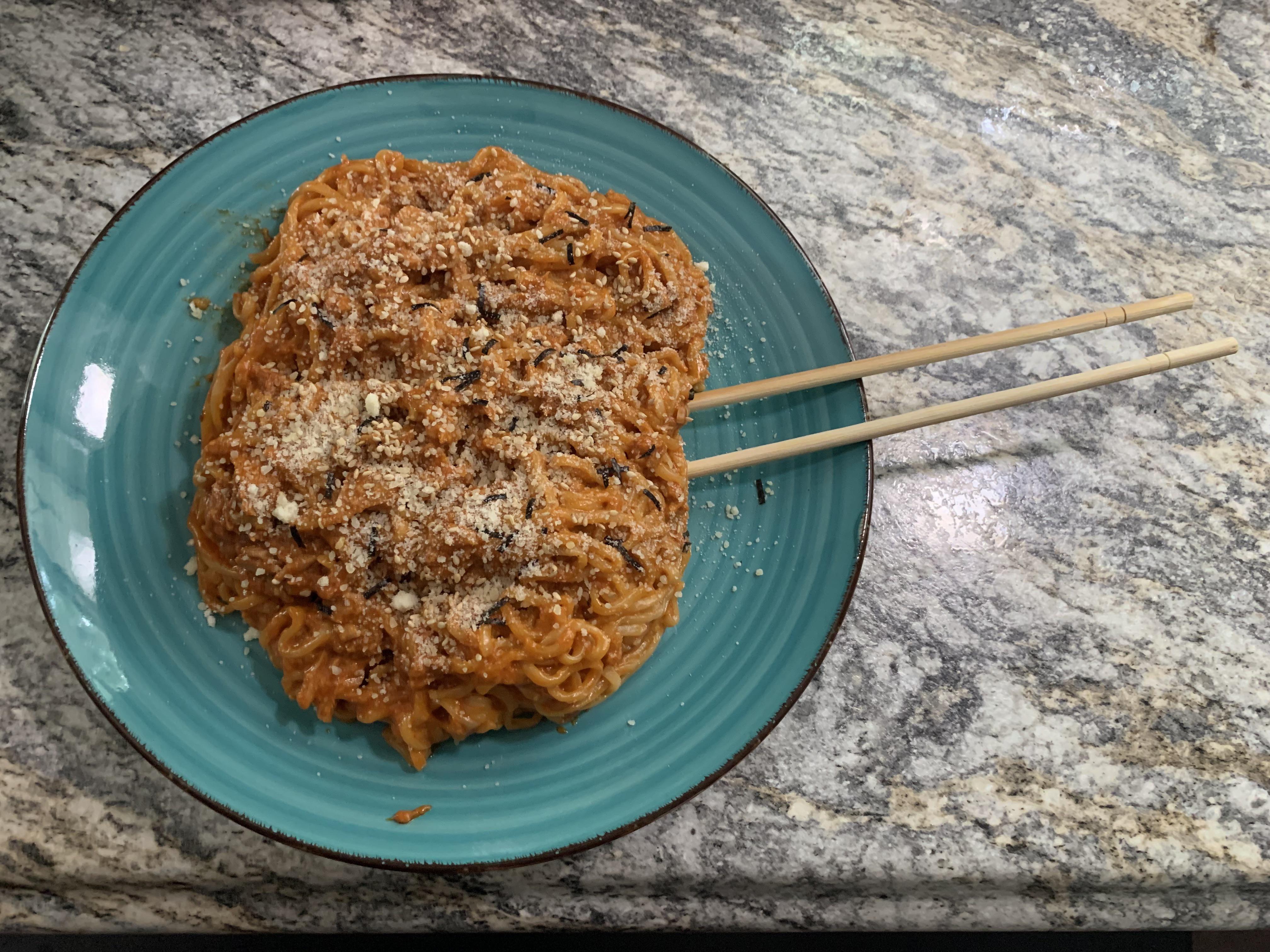 Buldak Noodles original spicy chicken with tuna, crispy shallots, and