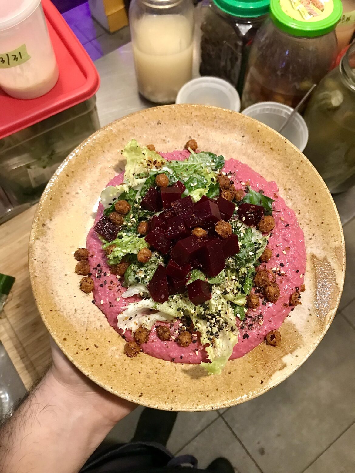 Beet hummus, summer greens, pickled beets, crispy chickpeas & furikake