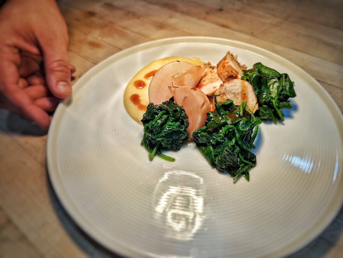 The Whole Chicken - Chicken sausage roulade, braised turnips, spinach, pommes aligote, cherry jus