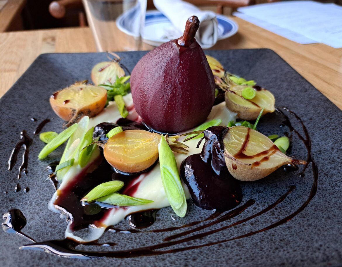 Poached pear, local farm beet, baby leek, parsnip, Maine blueberry, balsamic