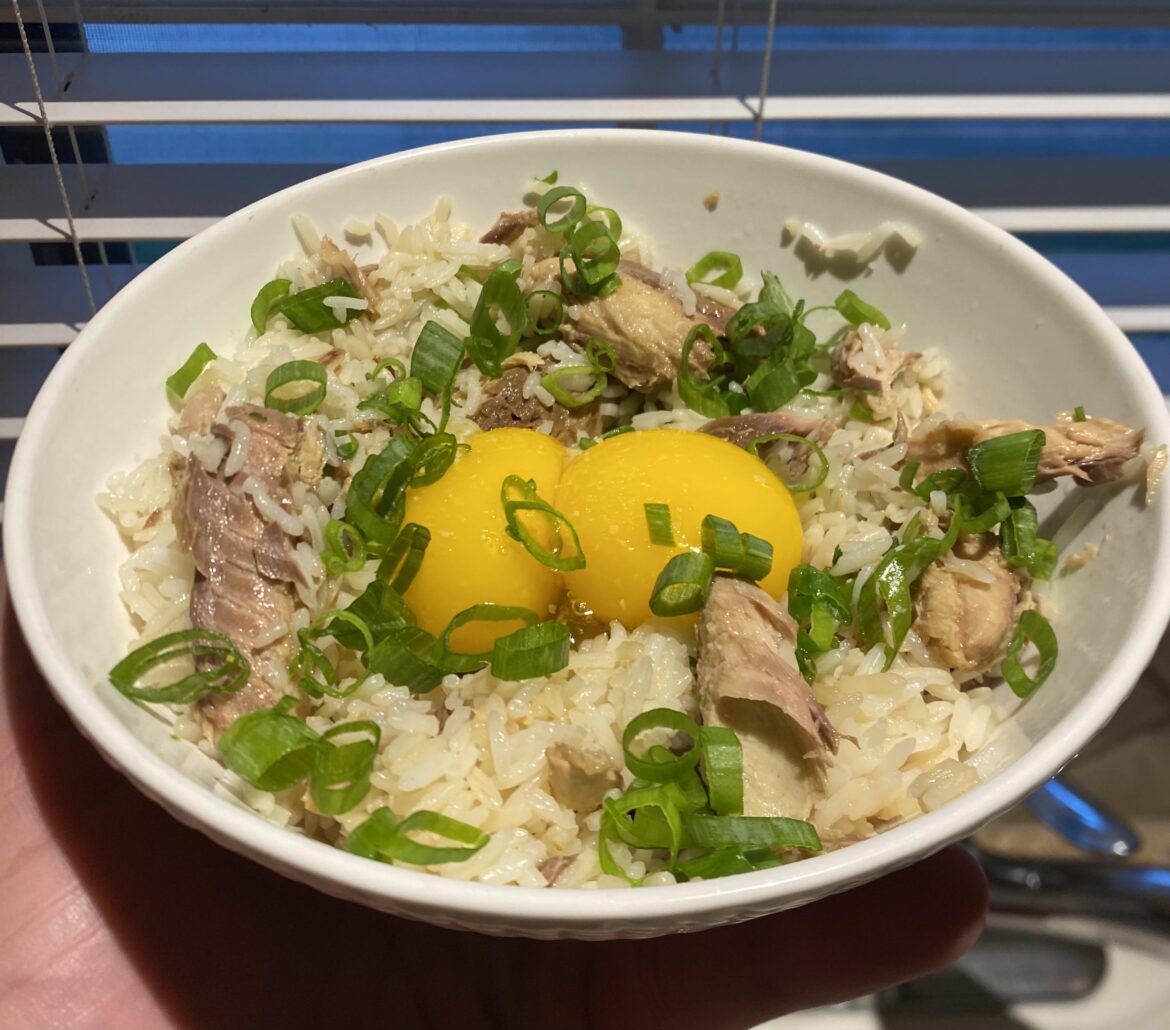 Just a couple egg yolks over rice with canned mackerel