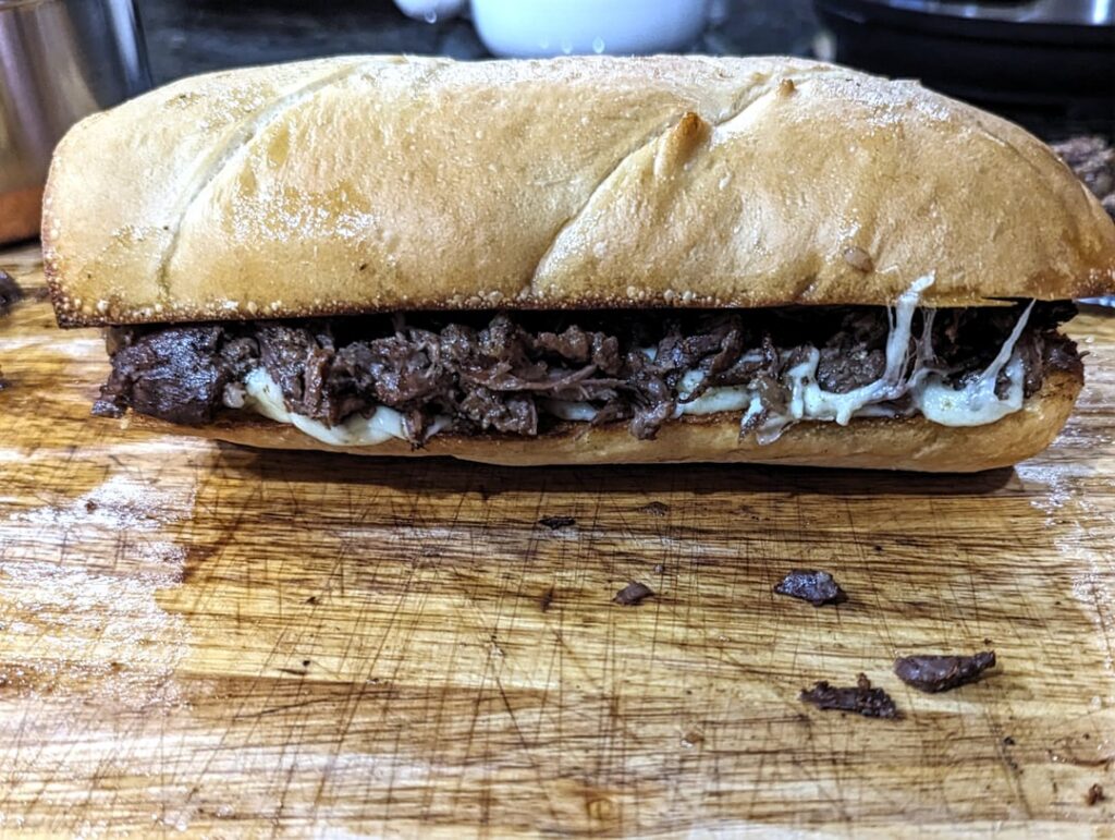 Beef dip with shredded chuck roast.