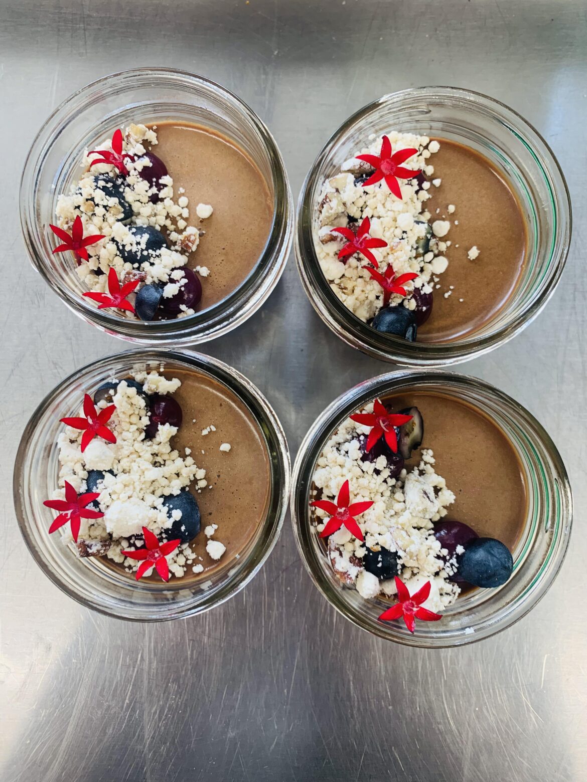 Namelaka, white chocolate and brown butter powder, blackberry agar gel, fresh berries