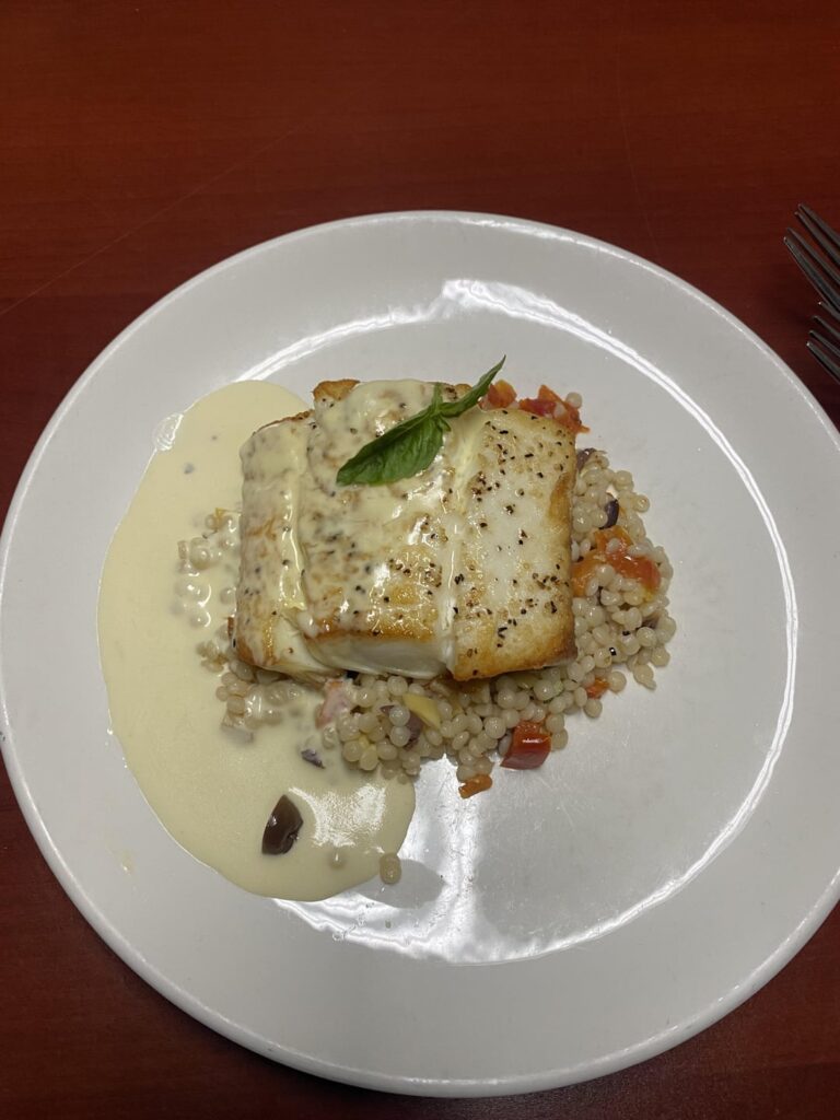 Halibut, couscous, lemon Dijon cream