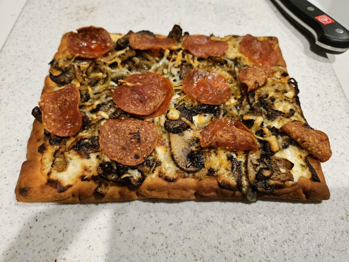 Mushroom Flatbreads with Gouda Cream Sauce & Parmesan, & Extra Pepperoni