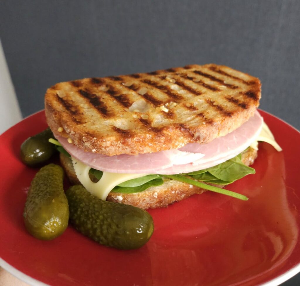 Applewood smoked ham, jarlsberg, whole grain mustard, spinach, on toasted sourdough.