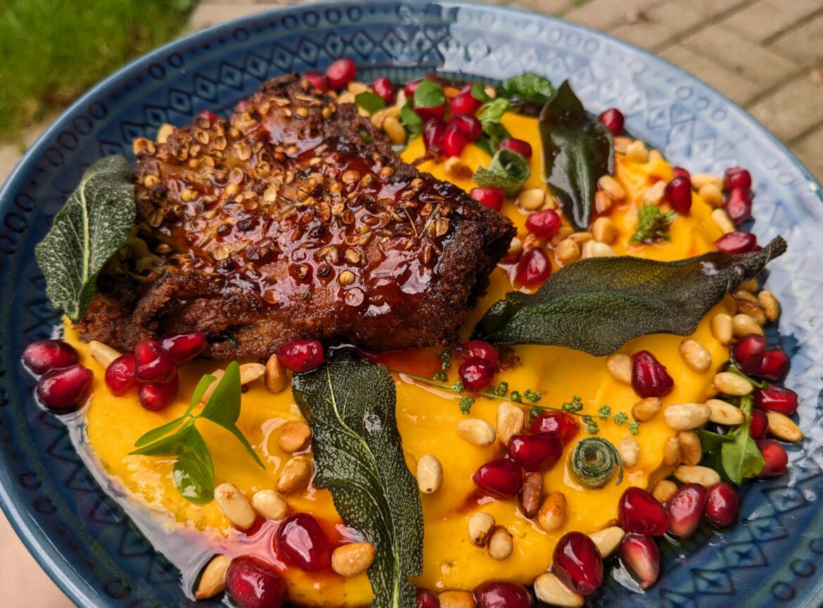Spice-crusted enoki mushrooms (coriander, lavender, Szechuan peppercorn, & cumin), butternut purée, fried sage leaves, pomegranate arils, toasted pine nuts, and red wine-browned butter pan sauce