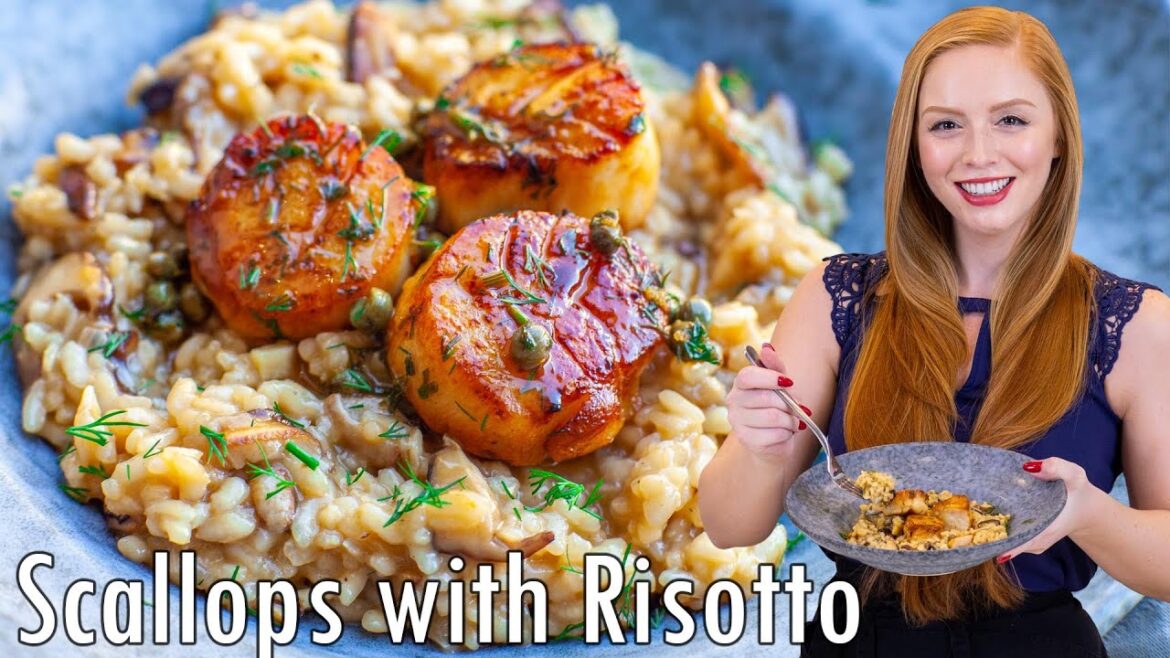 Lemon Caper Pan-Seared Scallops with Mushroom Risotto | Special Occasion Seafood Dinner!