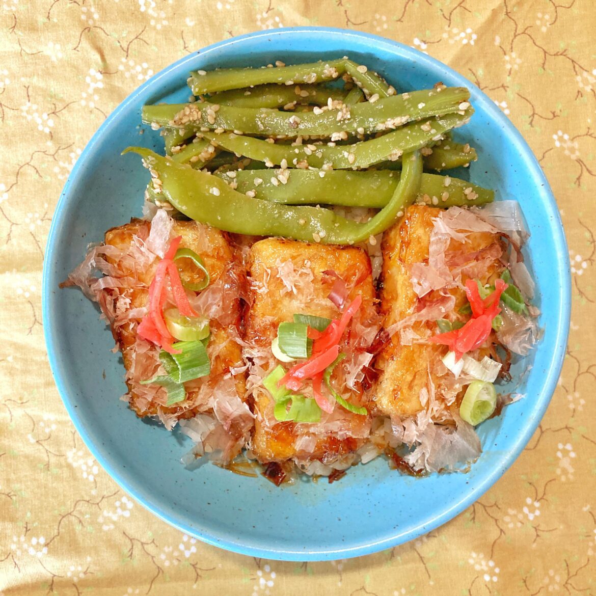 Homemade teriyaki tofu with gomaae