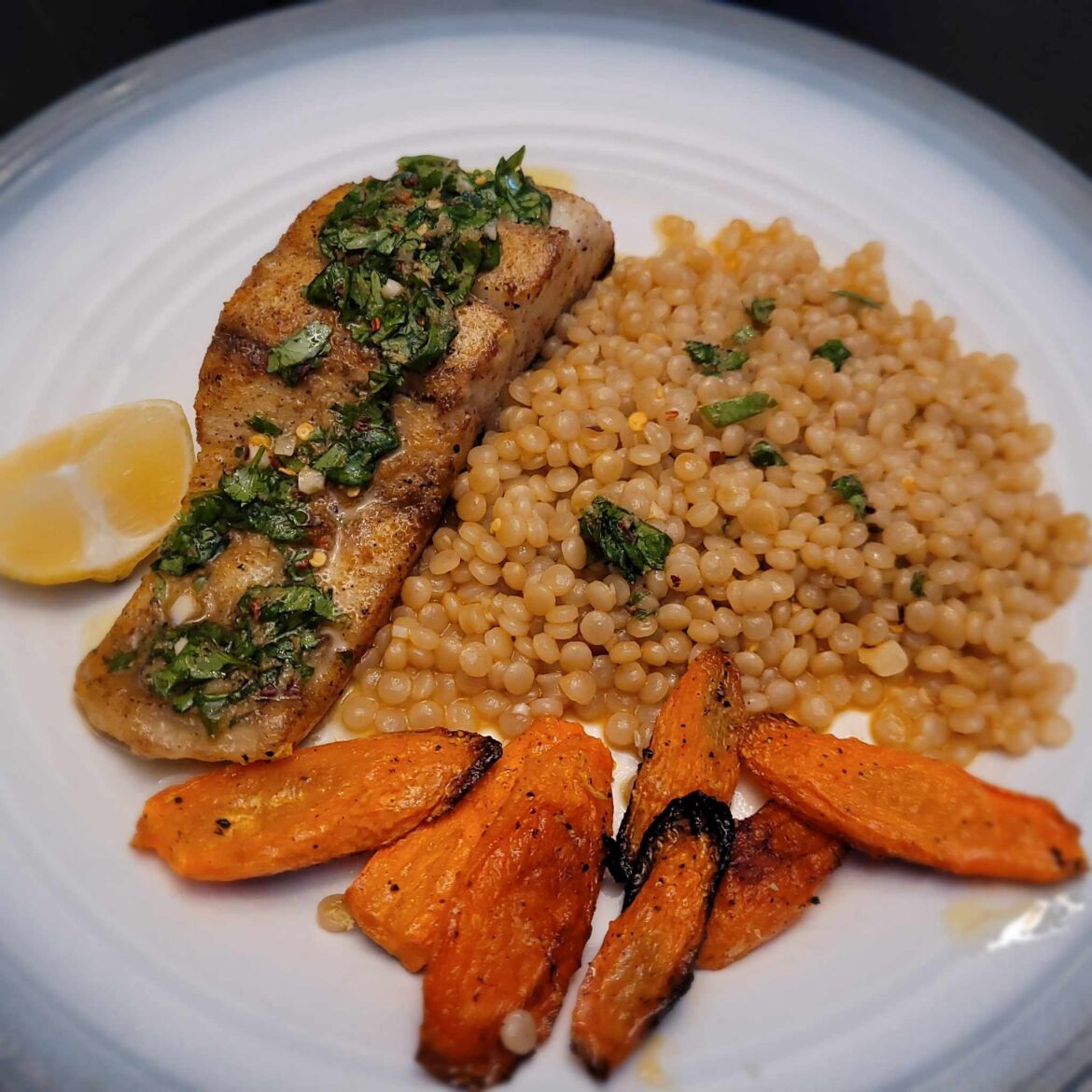 Chimichurri Barramundi with Lemony Carrots & Garlic Herb Couscous