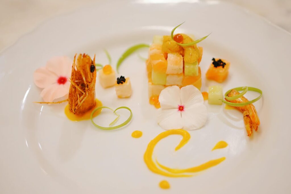 Cubed Salmon, Shrimp and Cucumber topped with Uni