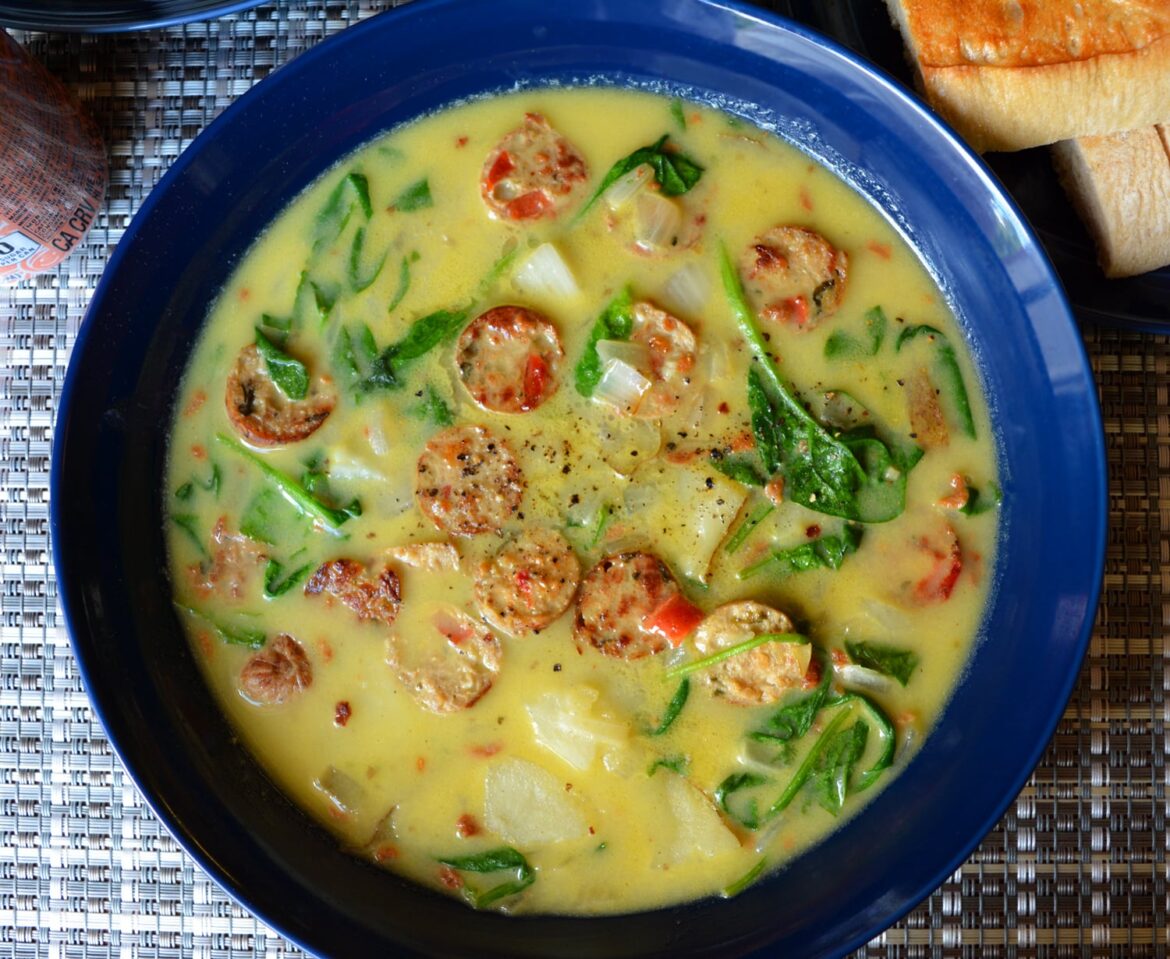 243 calorie version of Olive Garden's Zuppa Toscana. Made with plant based sausage, potato, onion and spinach