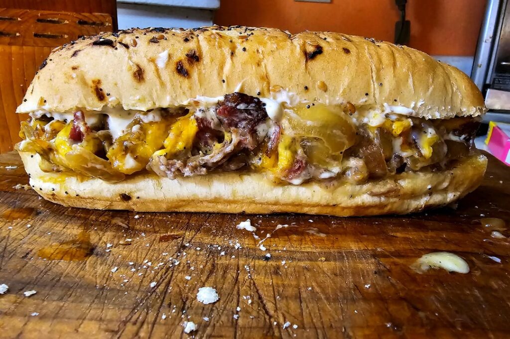 Smoked Chuck Roast, Onions, Garlic, Cheddar, and Horseradish Mayo