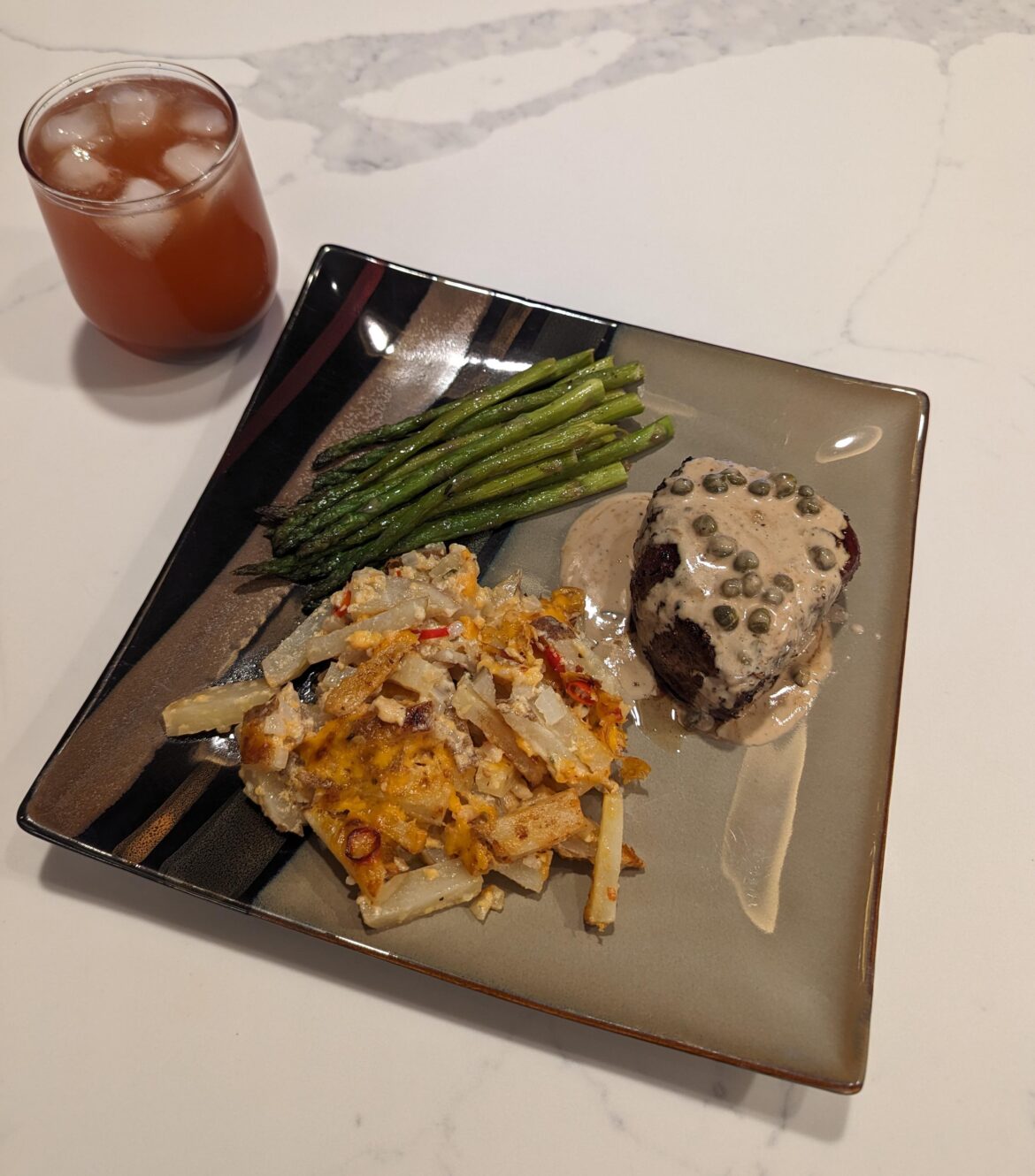 Steak au Poivre, Cheesy Potatoes, Asparagus, and a Wisconsin Old Fashioned