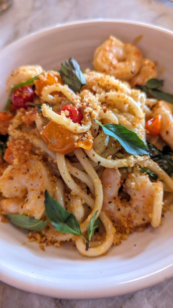 Great White, Larchmont - Shrimp Pasta ($24), Salt and Pepper Squid ($18)