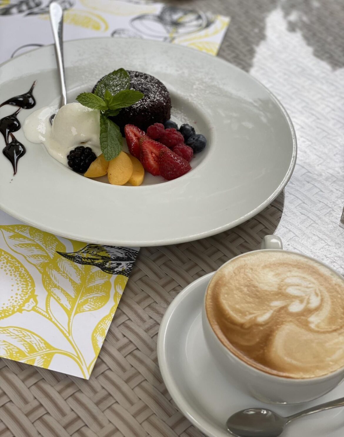 Black bitter chocolate fondan with vanilla ice cream and fruit, my dessert today <3