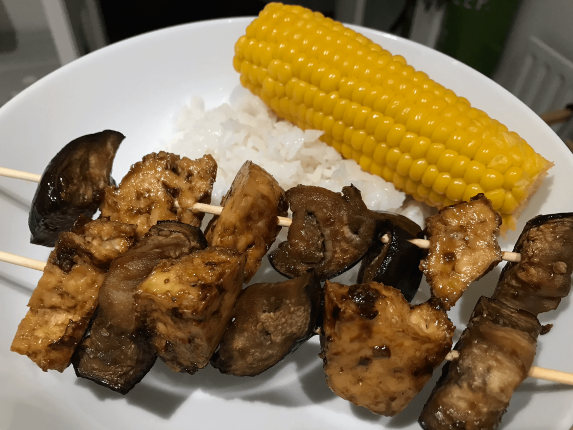 Sticky soysauce and honey glazed tofu and aubergine skewers