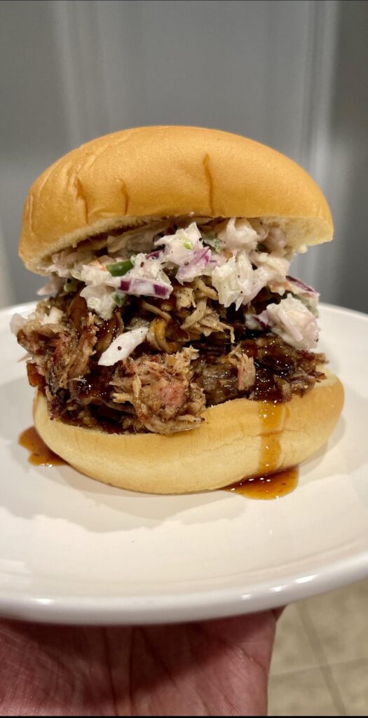 Apple and Oak smoked pork butt with jalapeño coleslaw and apple cinnamon bbq sauce