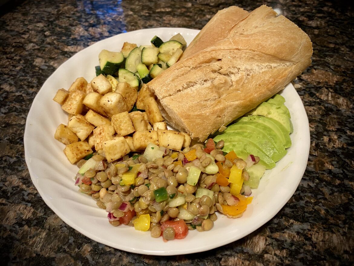 Homemade lentil salad, tofu, zuc and toasted French baguette. Homemade lentil salad, tofu, zuc and toasted French baguette.