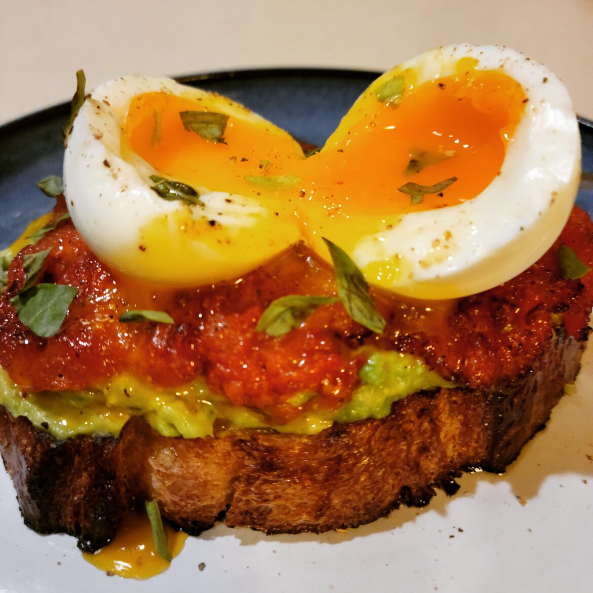 Grilled sourdough, avocado, fried tomato and soft boiled egg.
