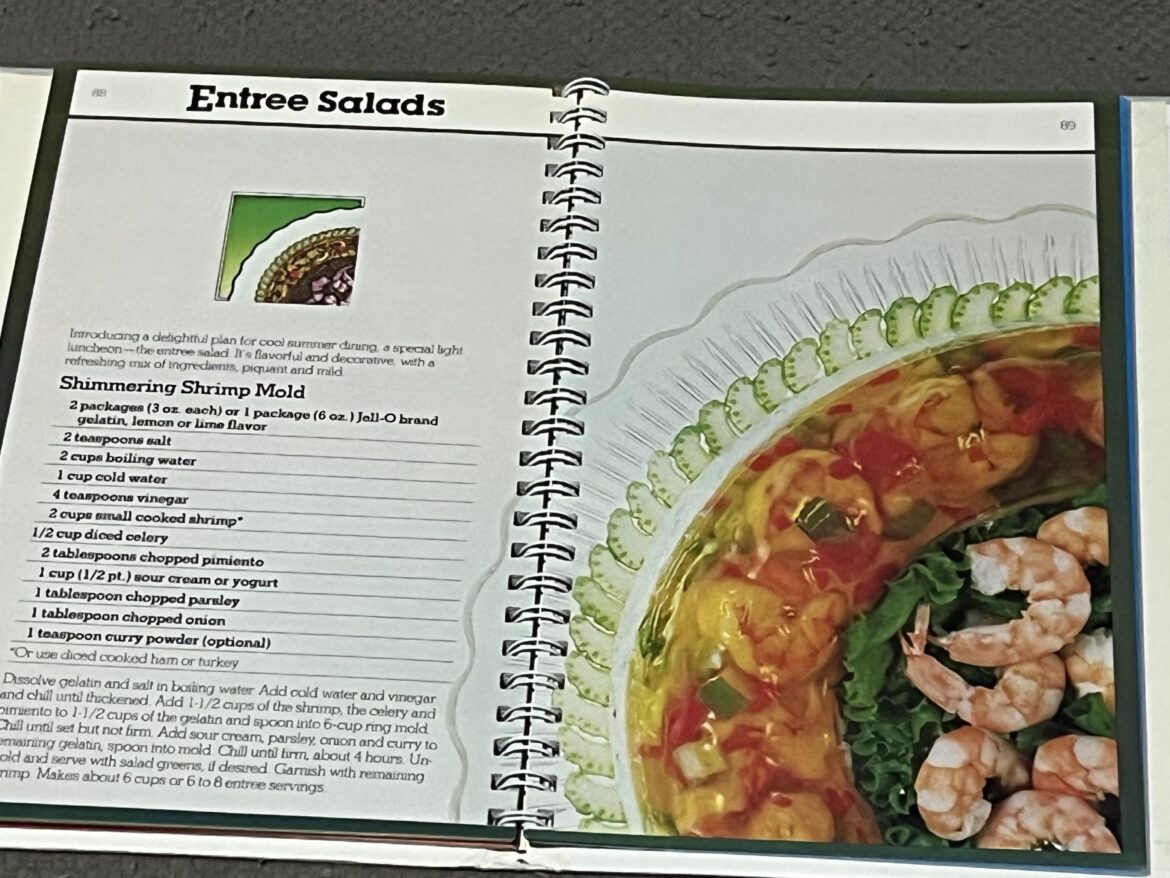 I found a jello cookbook in a little free library with over forty pages of these. Let me know if you want to see more.