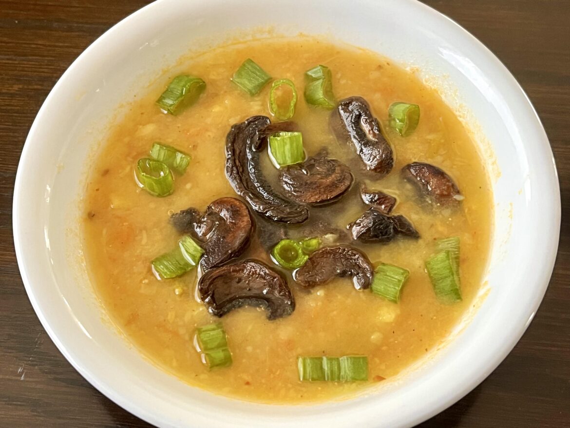 Potato chowder with pan-roasted mushrooms and Scallions.