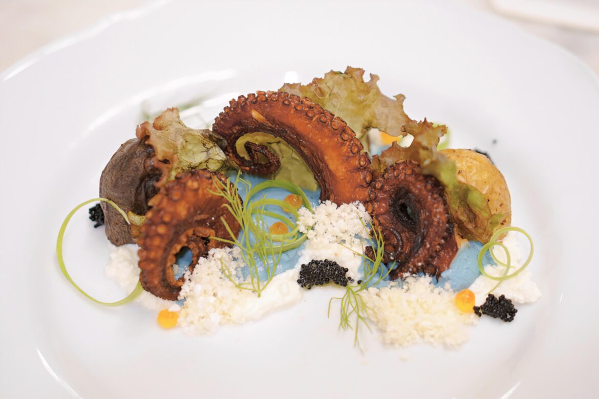 Fried Octopus and Potatoes over Blueberry Okara Sauce, Ricotta Cheese, Fish Eggs and Rice Cracker Crumble