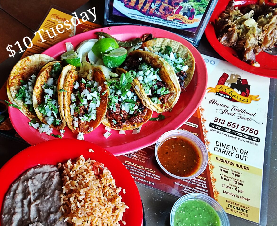 Taco Tuesday Mega Deal be 6 Tacos with Rice n Bean's, dine in or take out.