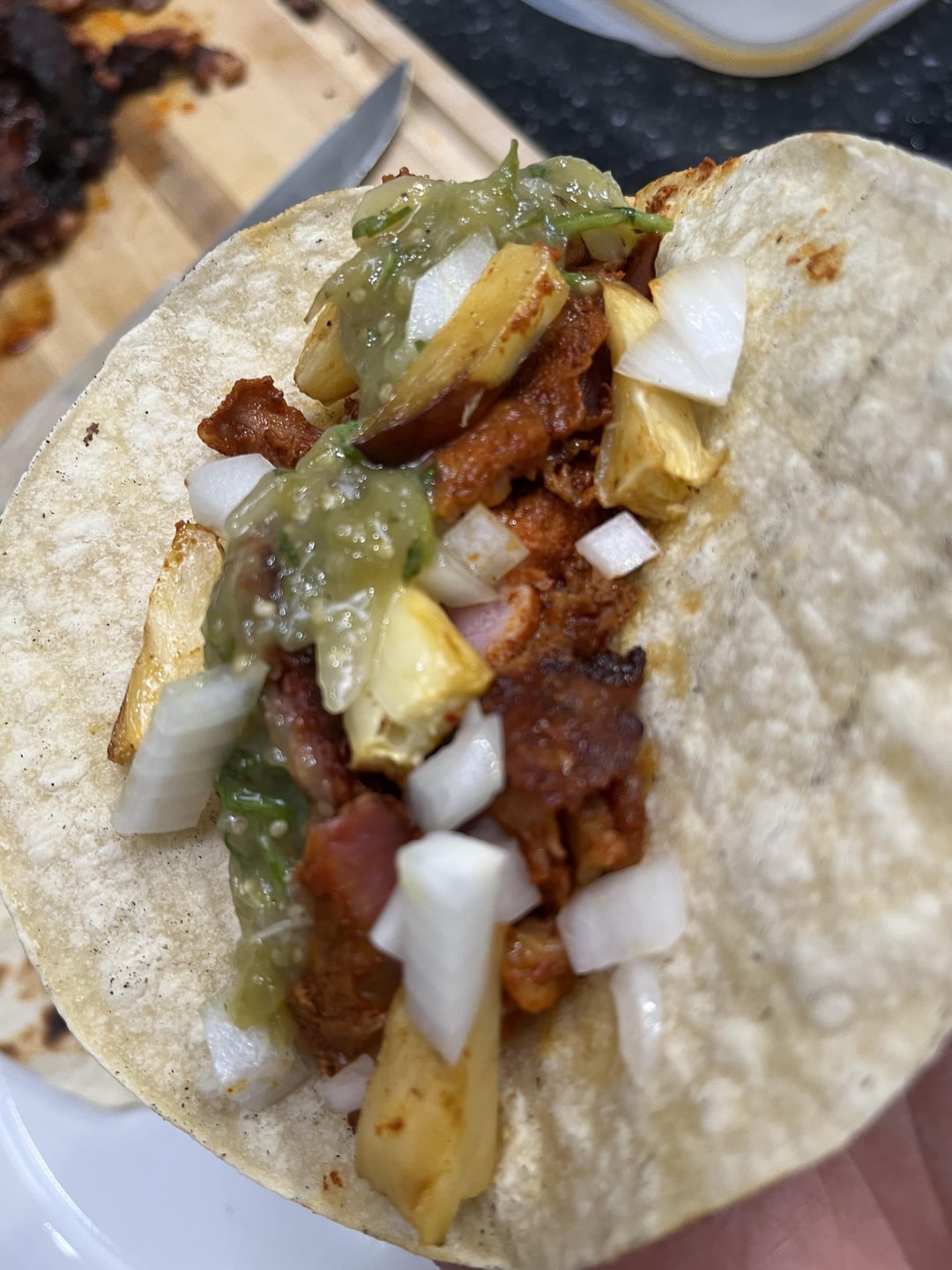 Tacos Al Pastor on a smoker with homemade tomatillo salsa and smoked