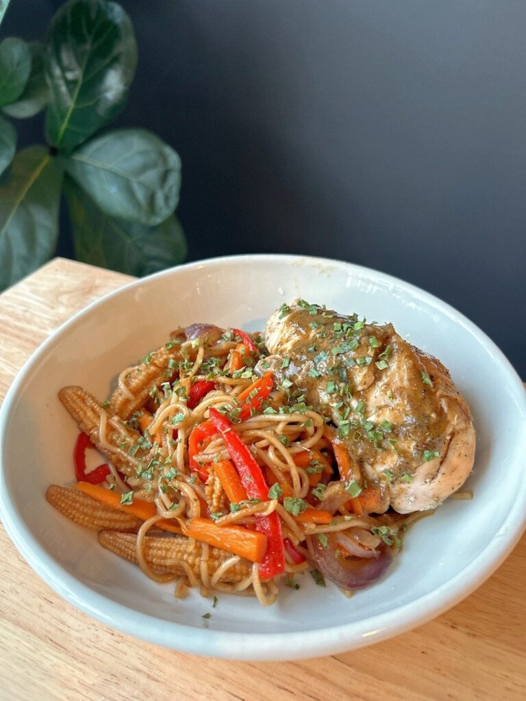 Rasta Noodles: Braised Jerk-Style Chicken and Udon Stir-Fry