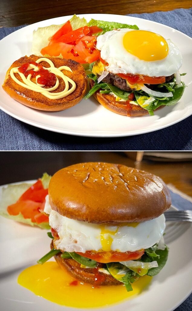Egg Hamburger. Knife and Fork Style.