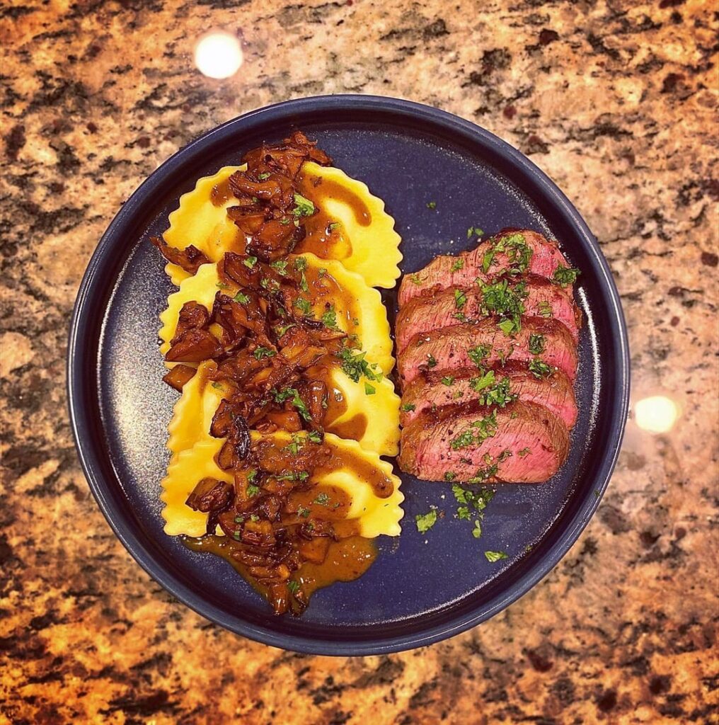 Venison Dianne with shrooms and goat cheese agnolotti