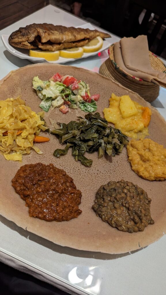 Lalibela Ethiopian Restaurant, Fairfax - Veggie Combo w/ Fish ($35), Lentil Sambusa ($4.50)