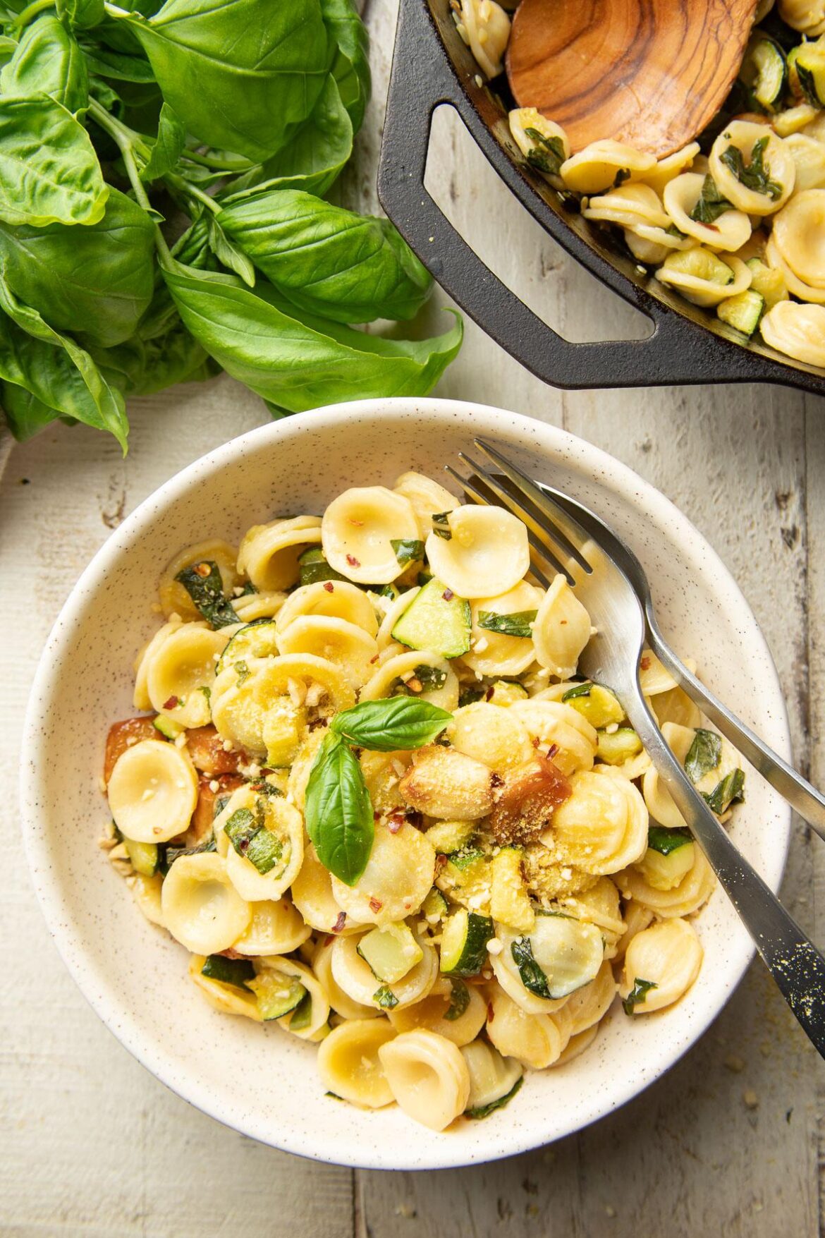 Pasta with Zucchini, Roasted Garlic & Basil